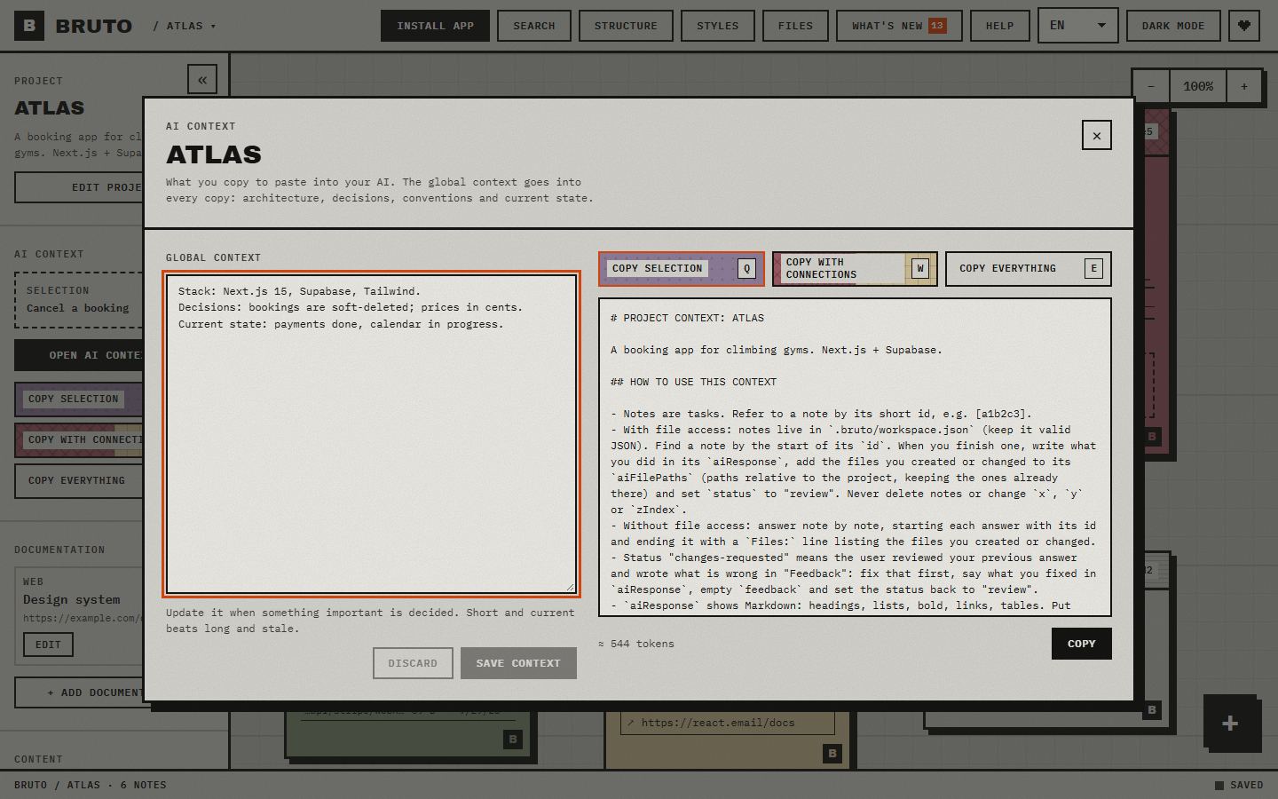 The AI context window with the global context and a preview of what gets copied
