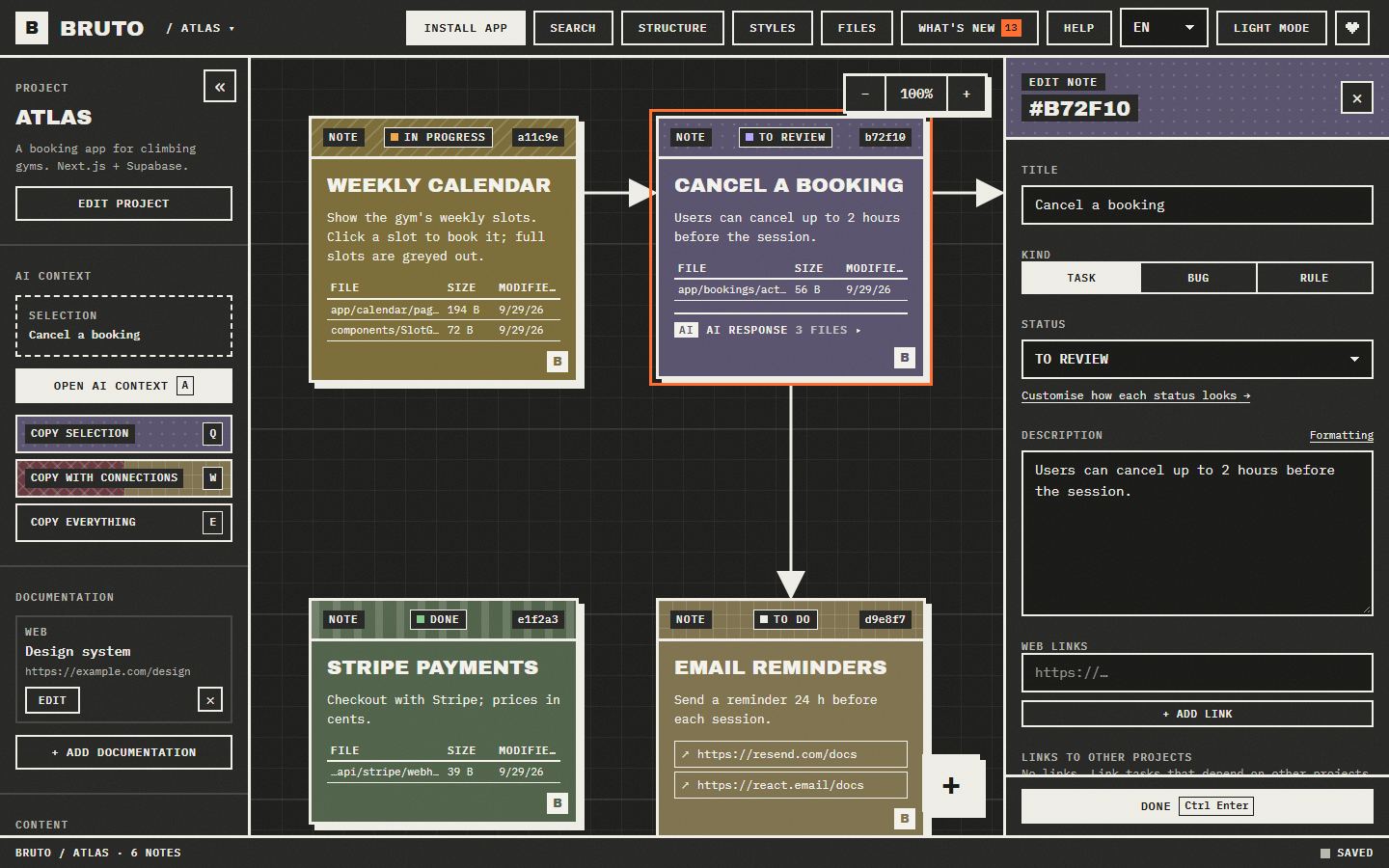 The Bruto board with notes in several statuses, arrows between them and the editor of one note open