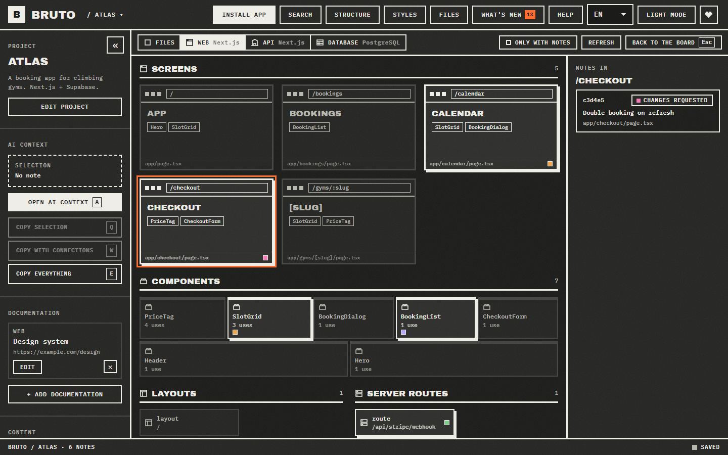 The web lens: screens drawn as browser windows with their components, and the notes on the one picked